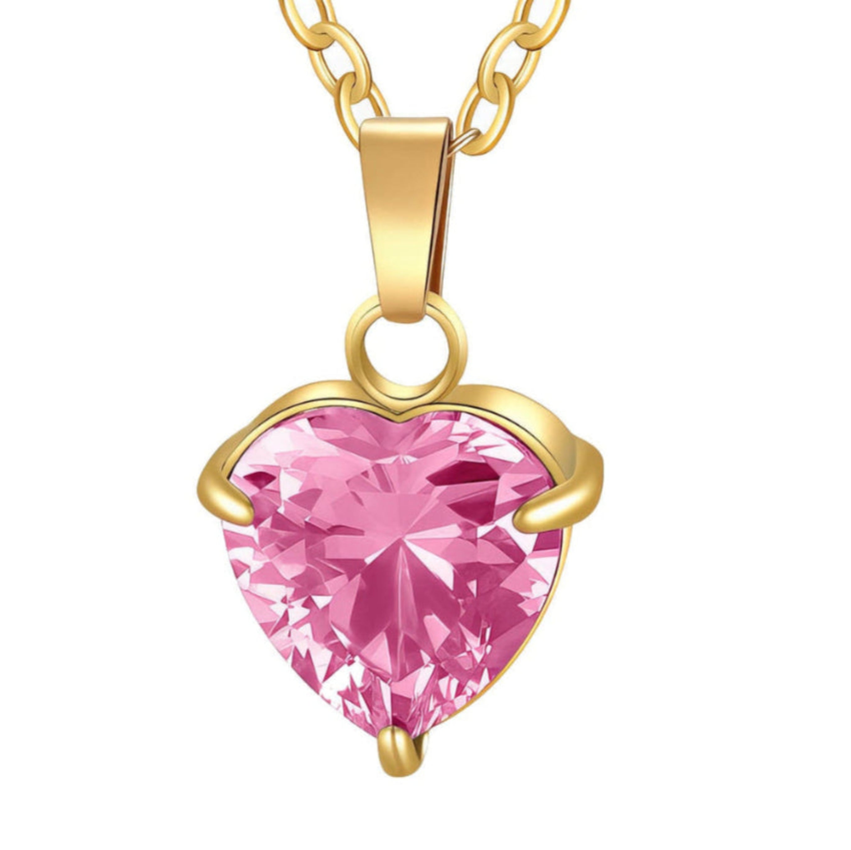 Gold necklace with a pink heart-shaped gemstone on a white background. Keli bijou design.