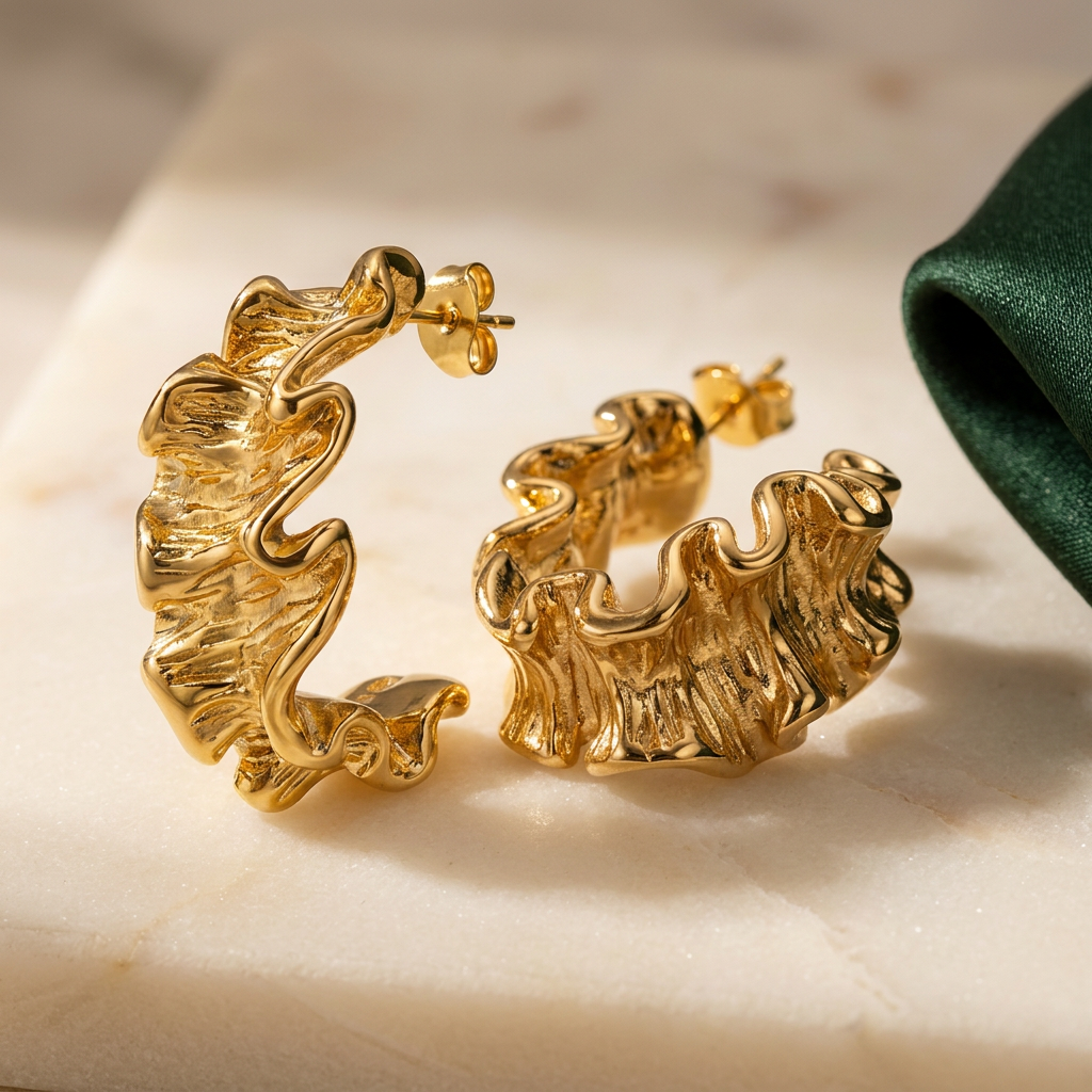 Mira Earrings Gold på elfenbensfärgad marmor med skogsgrönt siden