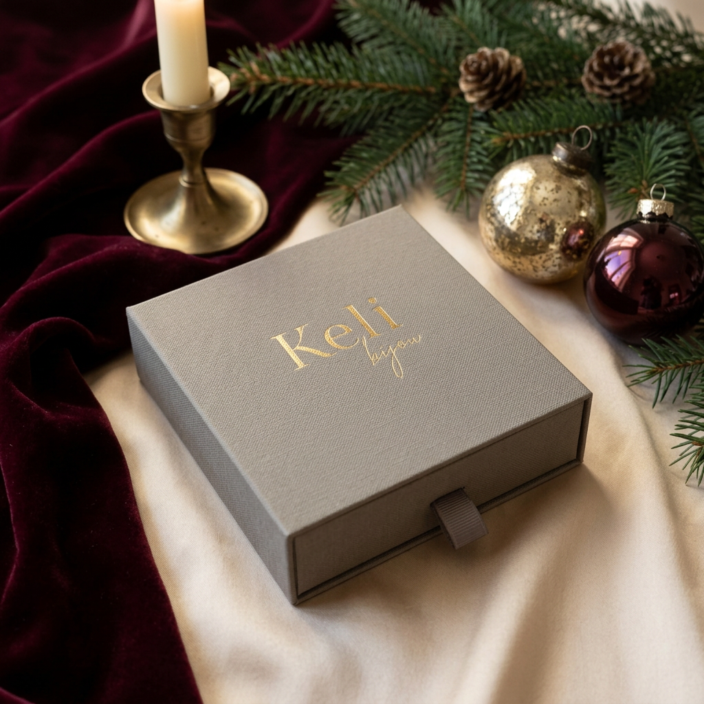 Adventskalender 2, stängd Keli bijou-ask med vinröd sammet, champagnefärgat siden och juldekorationer