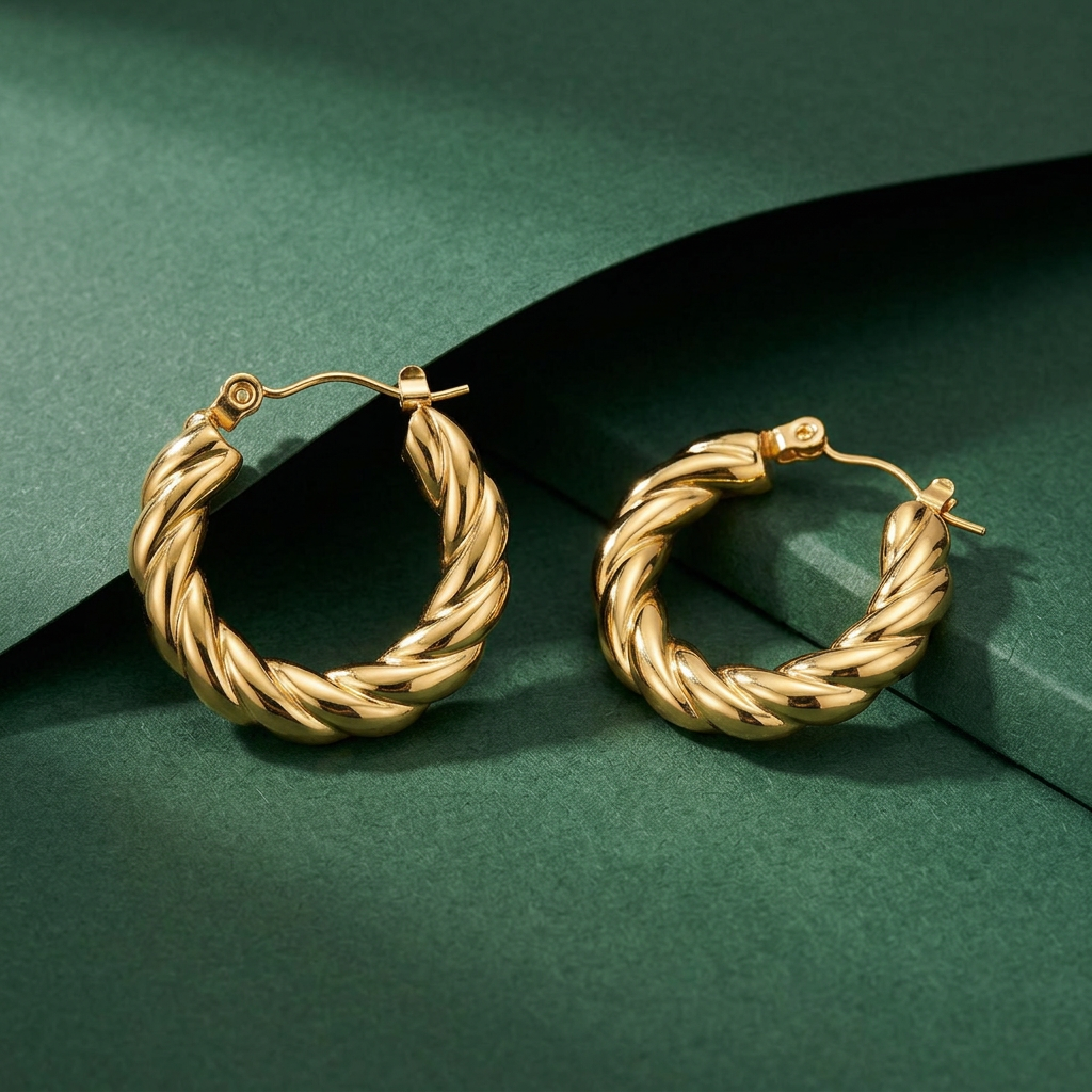 Luna Earrings Gold med vriden form mot skogsgrön bakgrund