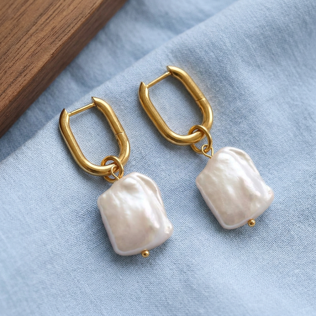 Elise Earrings Gold på ljusblå bomull med varm trädetalj