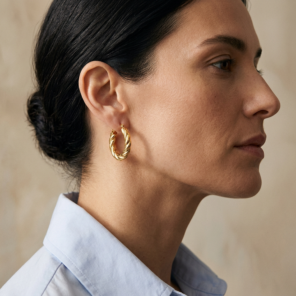 Luna Earrings Gold buret på modell med bakåtstruket hår och ljusblå skjorta