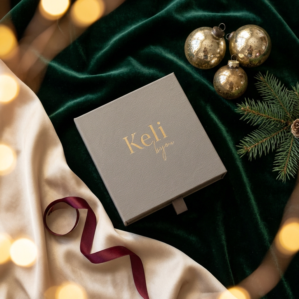 Adventskalender 3, stängd Keli bijou-ask på skogsgrön sammet med guldfärgade julkulor och vinrött band