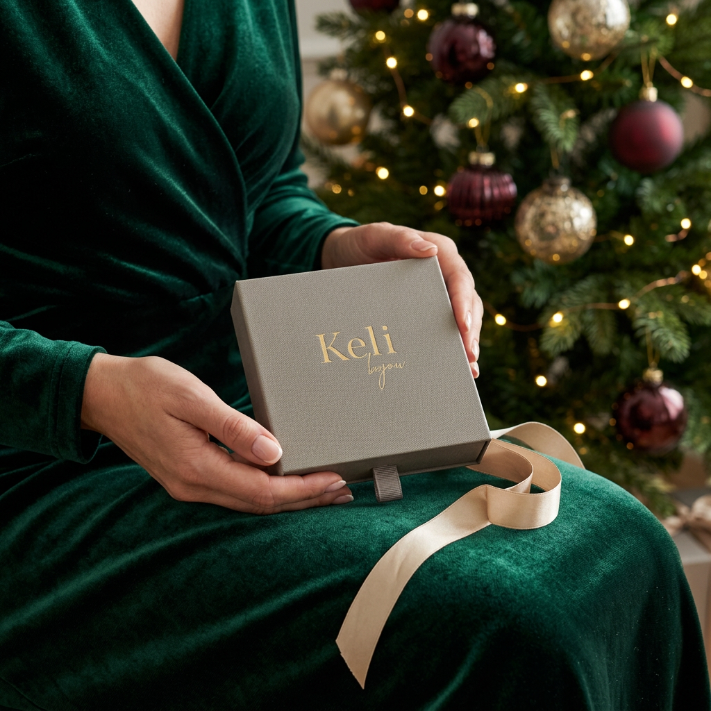 Adventskalender 6, den stängda Keli bijou-asken hålls av två händer med fransk manikyr mot djupgrön sammet i julmiljö