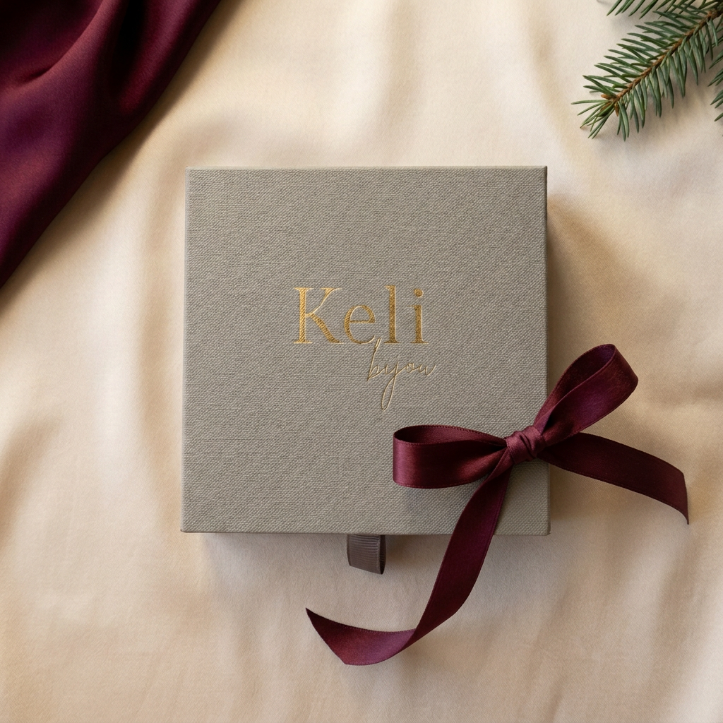 Pearl Glow Gold, stängd adventskalender på champagnefärgat siden med vinrött band