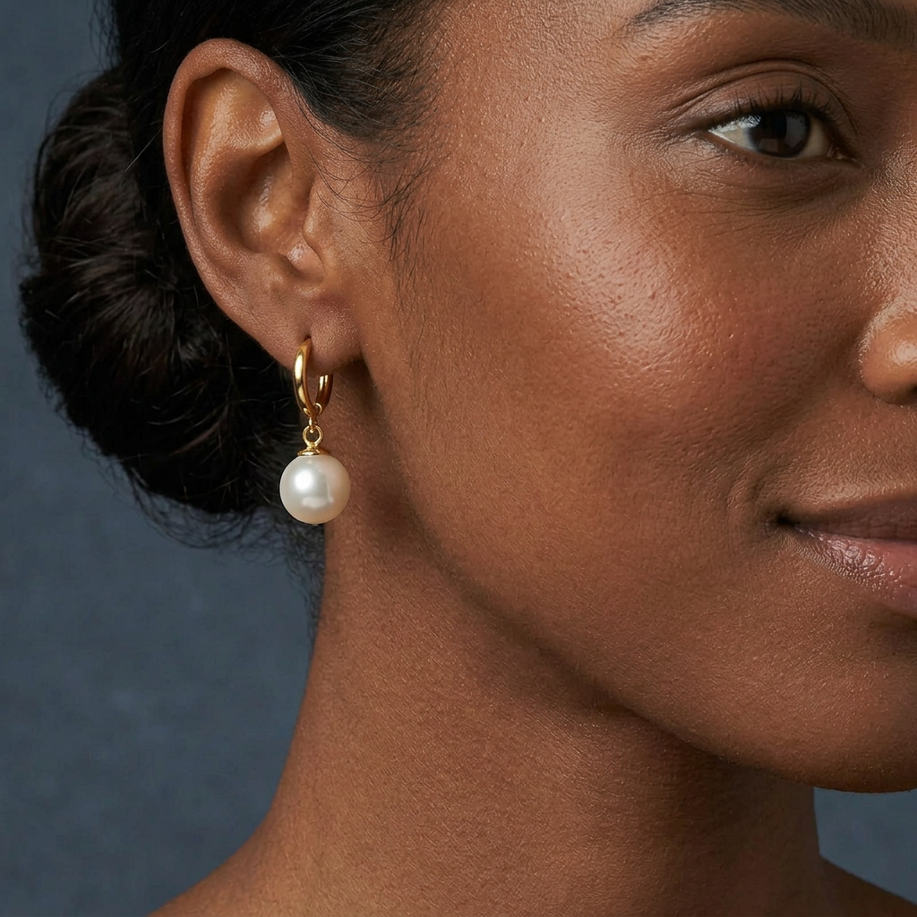 Liora Earrings Gold med rund imitationspärla i närbild på modell mot blå bakgrund