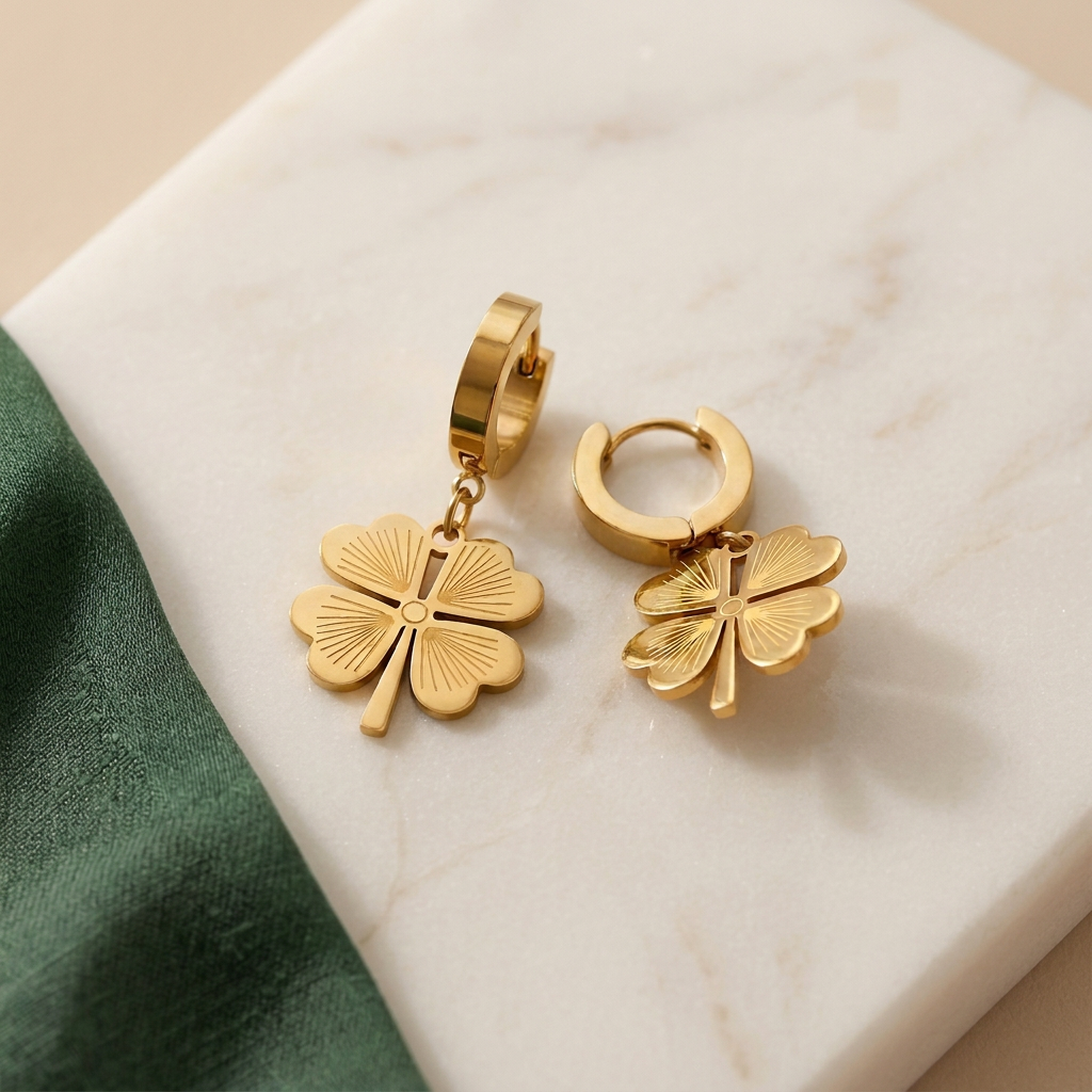 Celeste Earrings Gold på elfenbensfärgad marmor med skogsgrönt siden