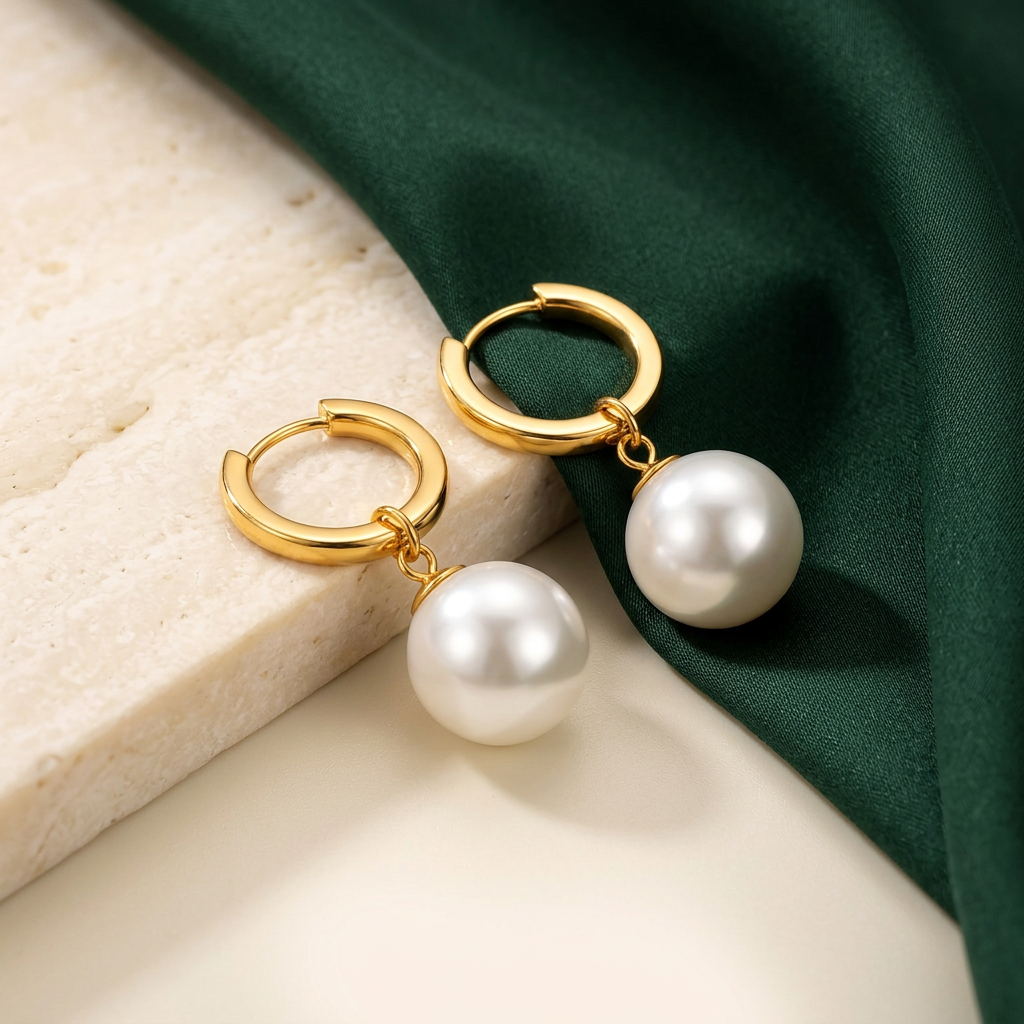 Liora Earrings Gold med runda pärlor på elfenbensfärgad sten och mörkgrönt siden
