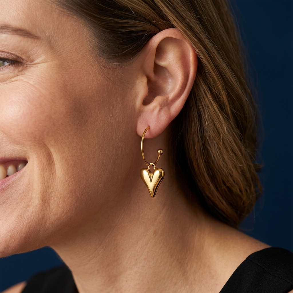 Miren Earrings Gold på örat i närbild med guldbåge och hjärthänge