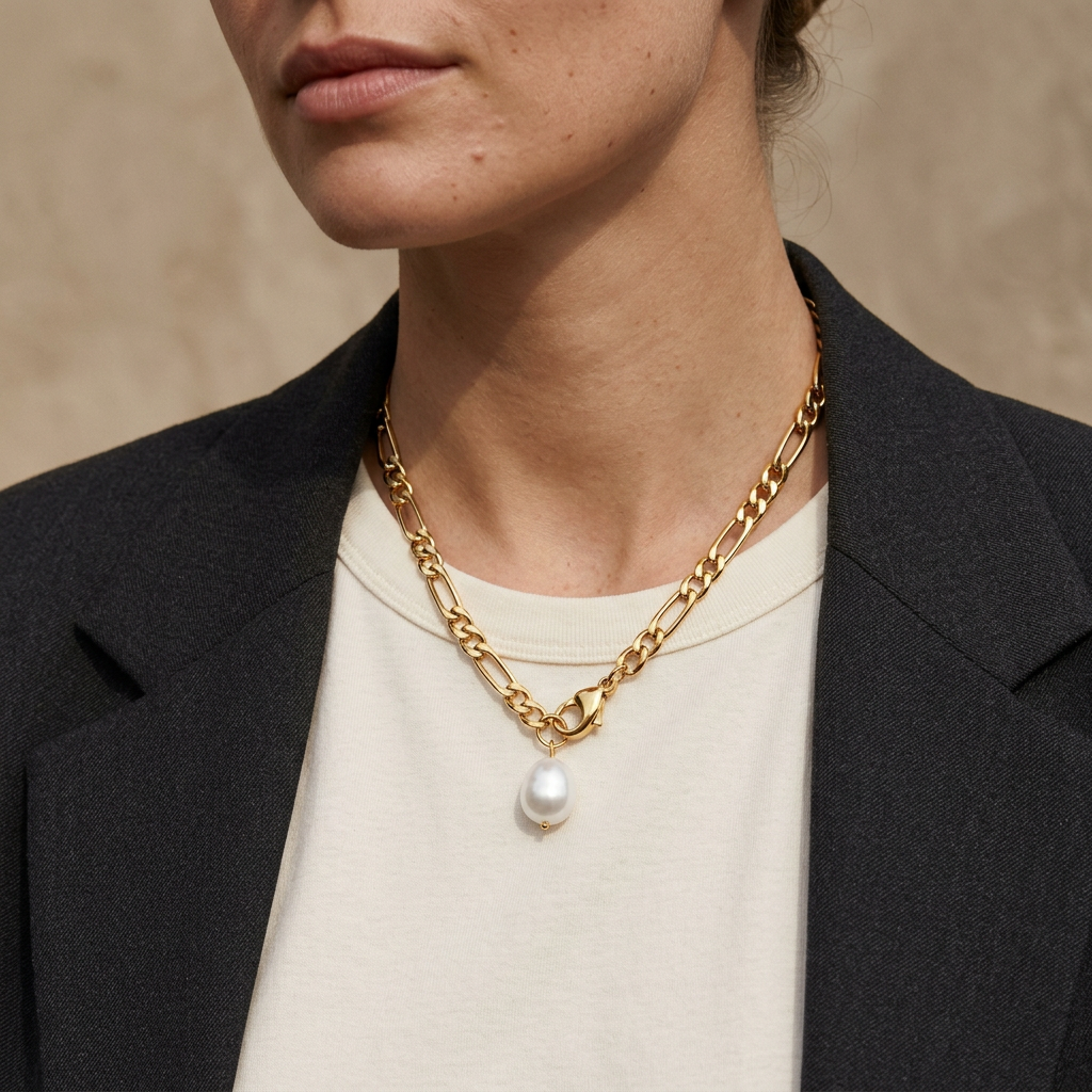Liv Necklace Gold buret med ljus topp och mörk kavaj