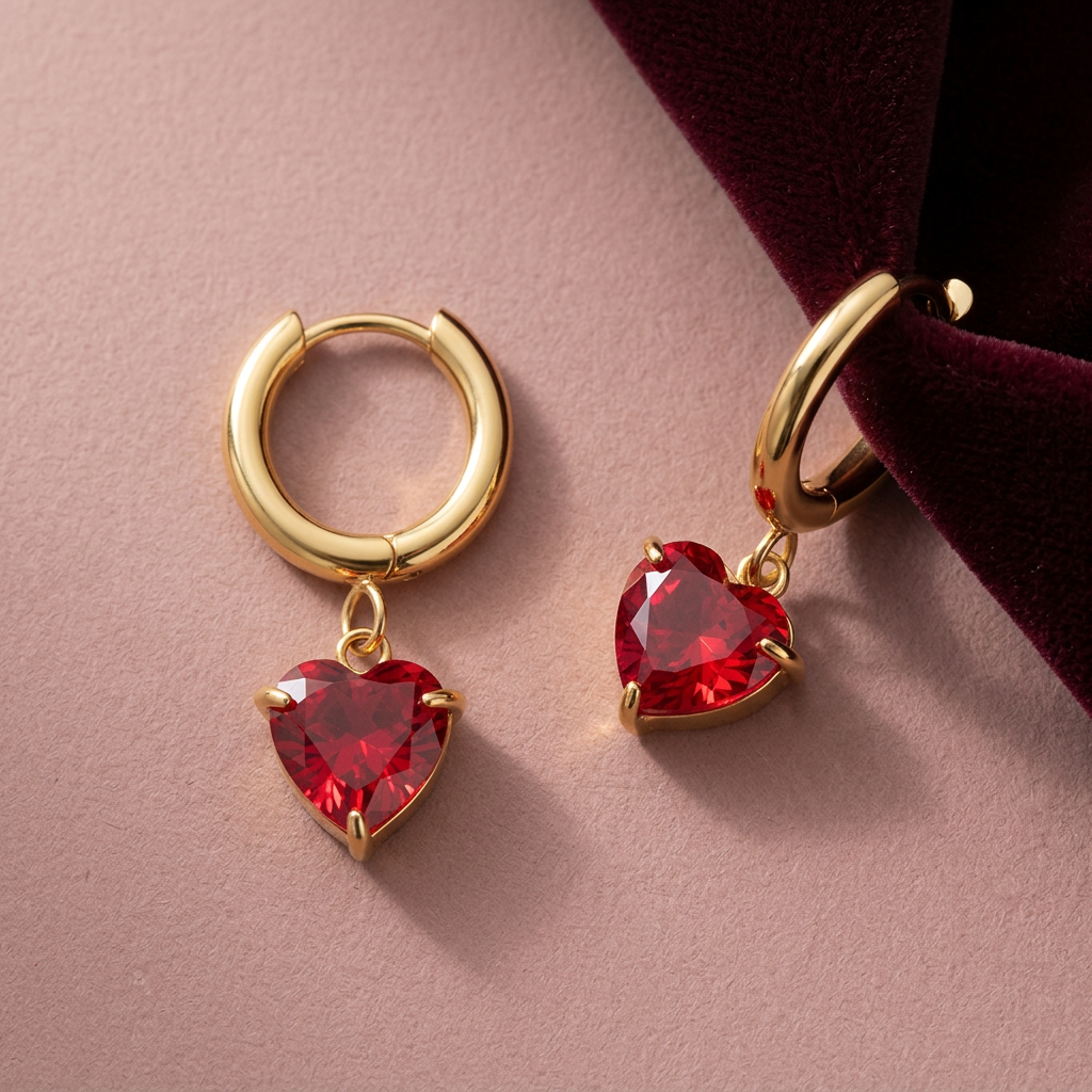 Julia Ruby Earrings Gold med röda hjärtan mot dämpat rosa och vinrött