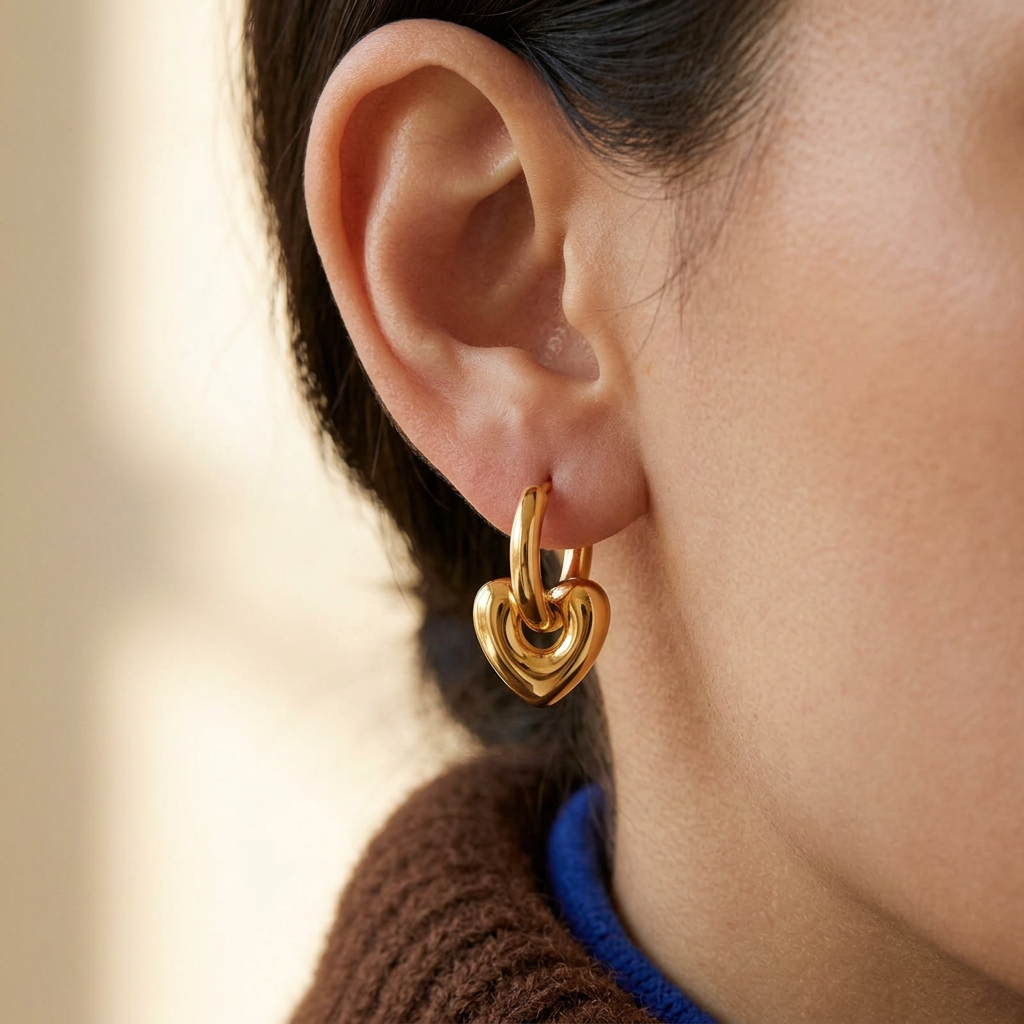 Vera Earrings Gold i närbild på öra med mörkt hår och höstiga färger