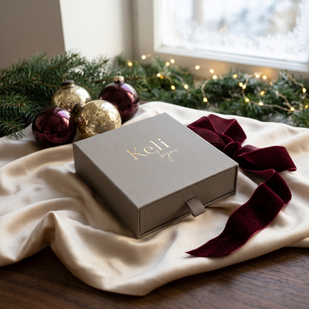 Adventskalender 5, stängd Keli bijou-ask på champagnefärgat siden med vinrött band, julkulor och mjukt fönsterljus