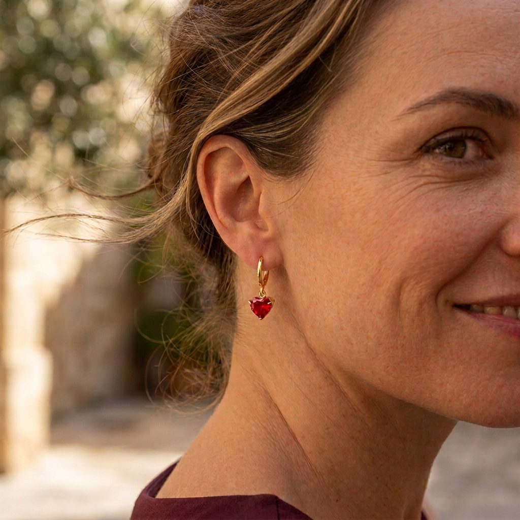 Julia Ruby Earrings Gold i närbild på modell med ljusa slingor