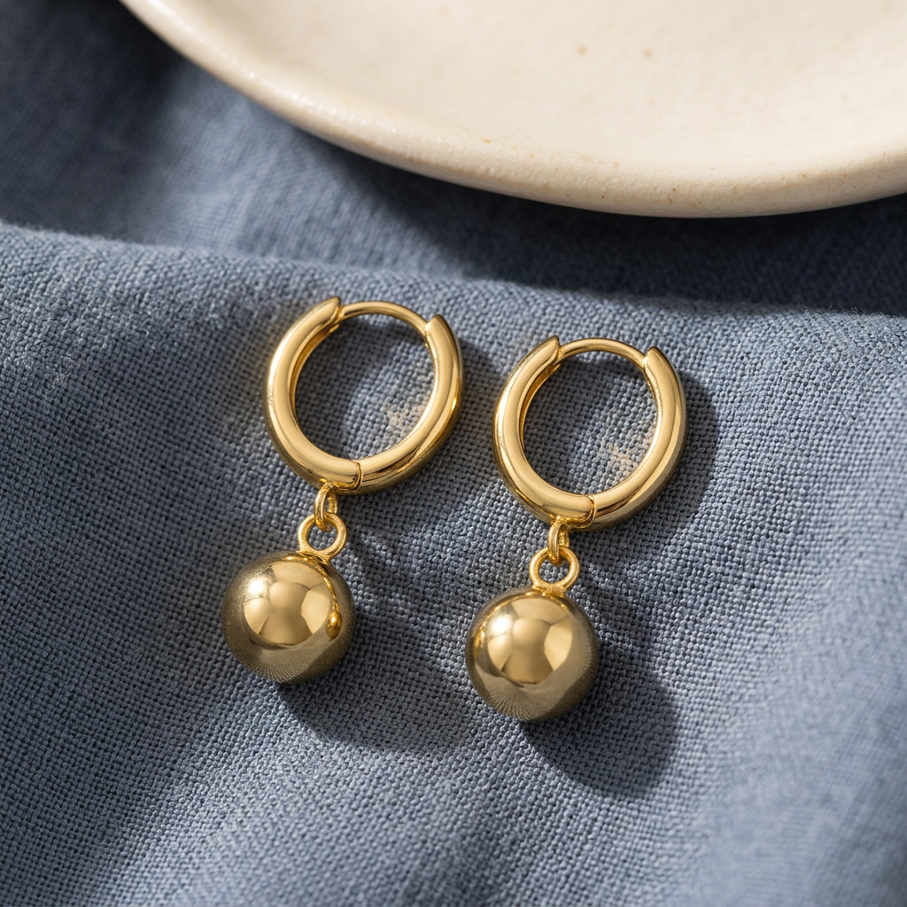 Linnéa Earrings Gold på blågrått linne med varm keramik