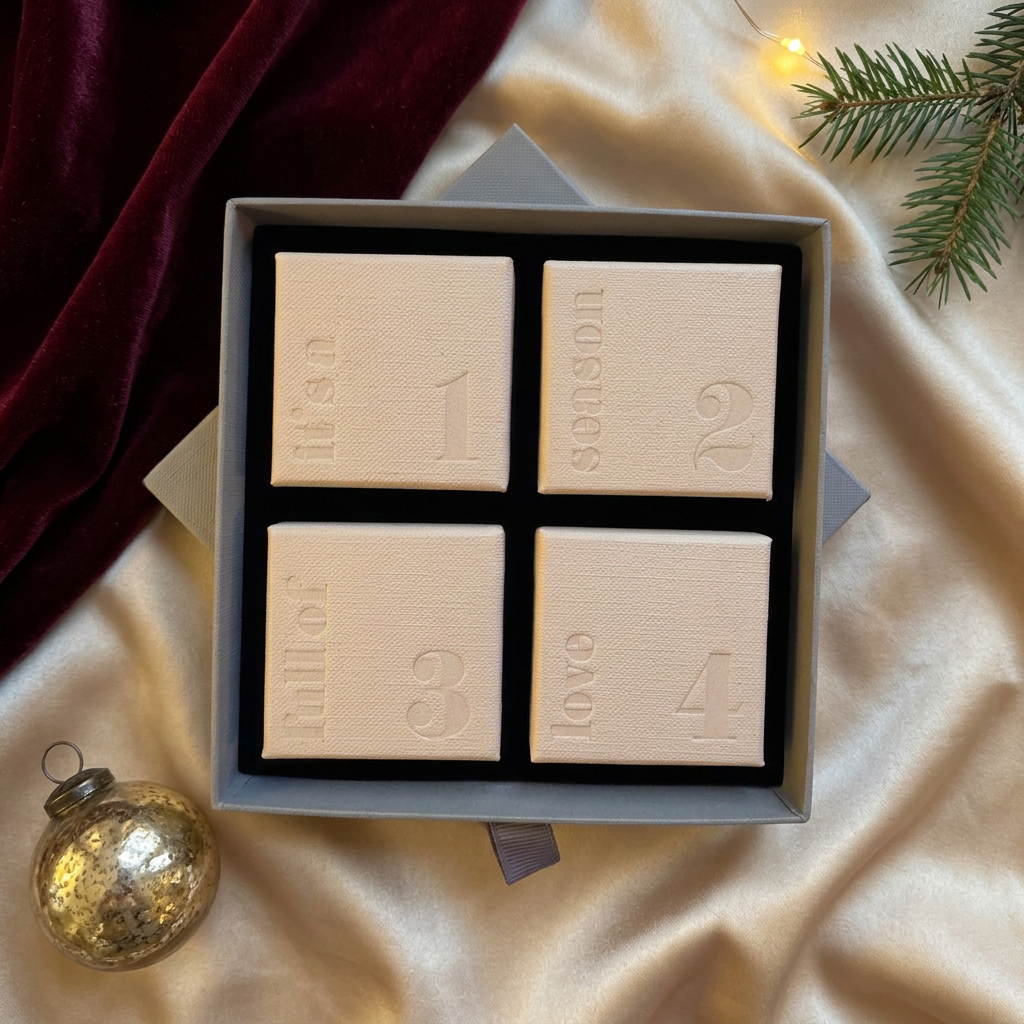 Pearl Glow Gold, fyra stängda adventsaskar i kalendern på champagnefärgat siden med vinröd sammet och juldetaljer
