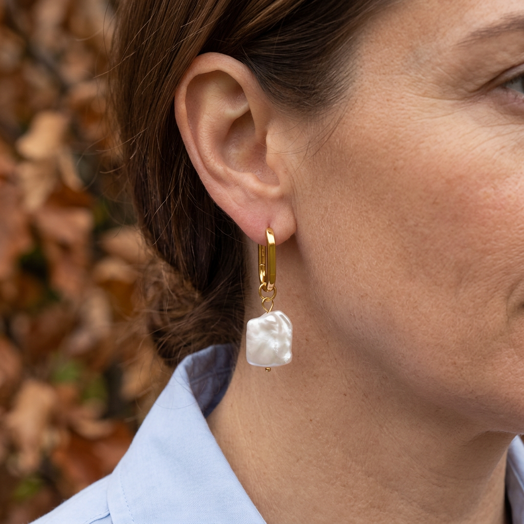 Elise Earrings Gold på modell med ljusblå skjorta