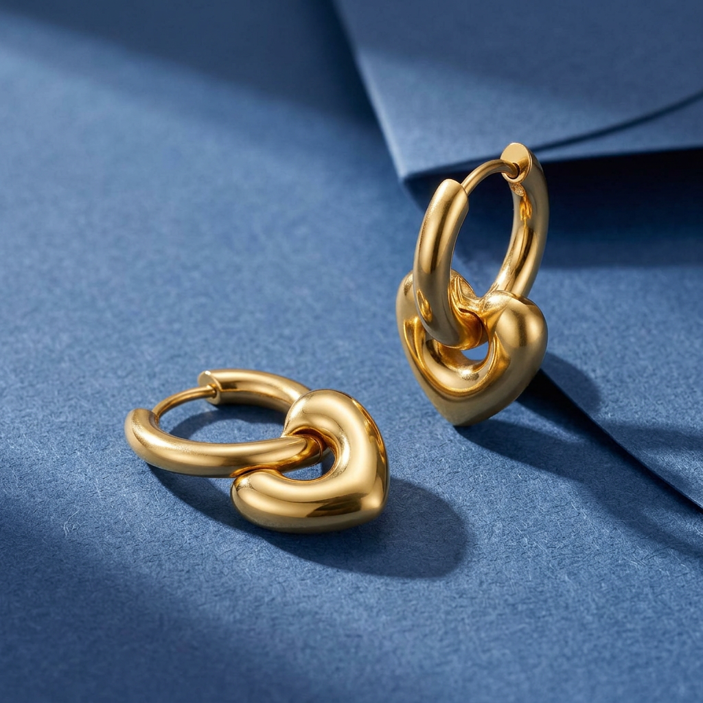 Vera Earrings Gold mot blå bakgrund med skuggor